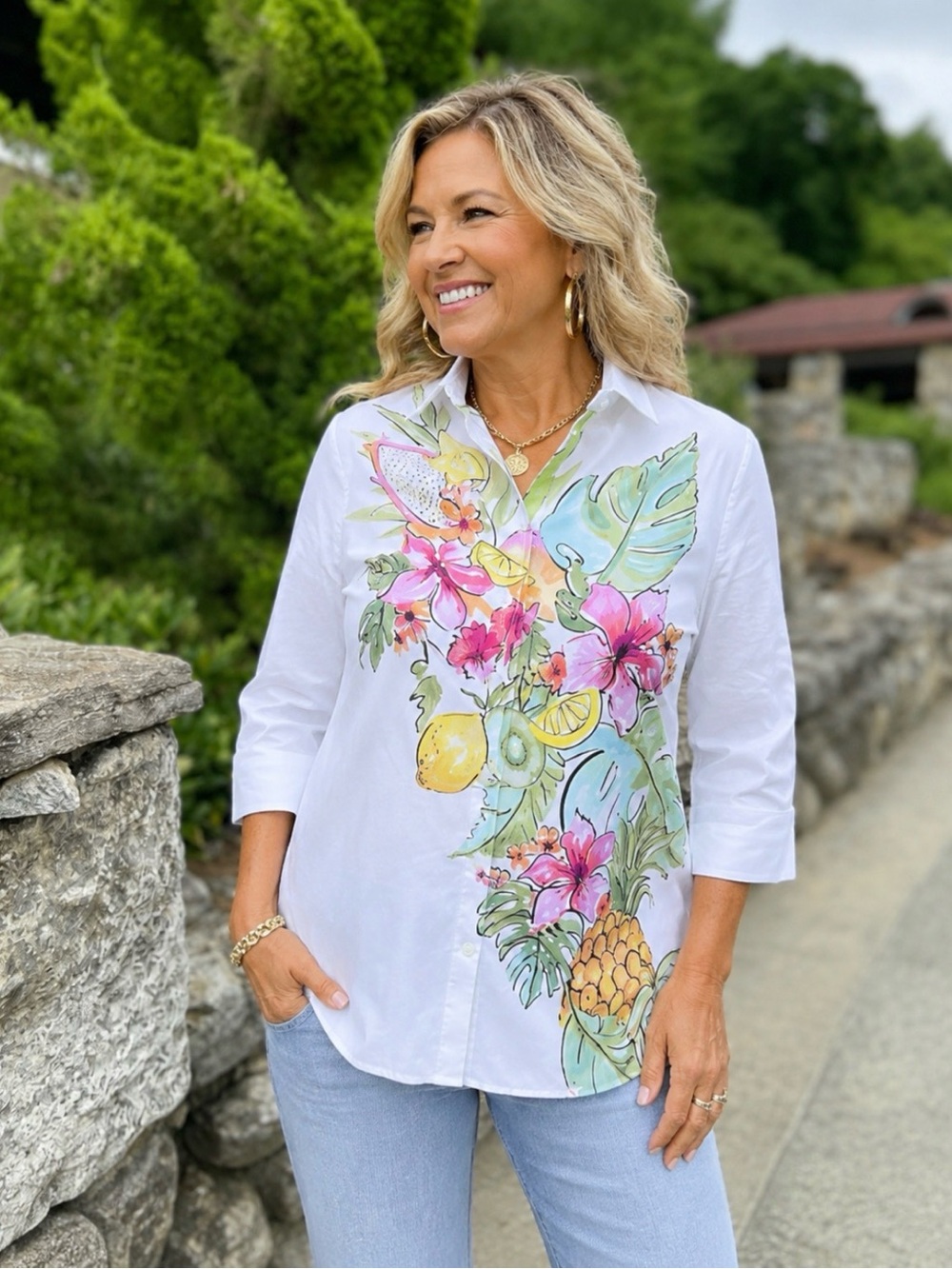 Chico's White Button-Down Shirt with Tropical Floral & Fruit Print